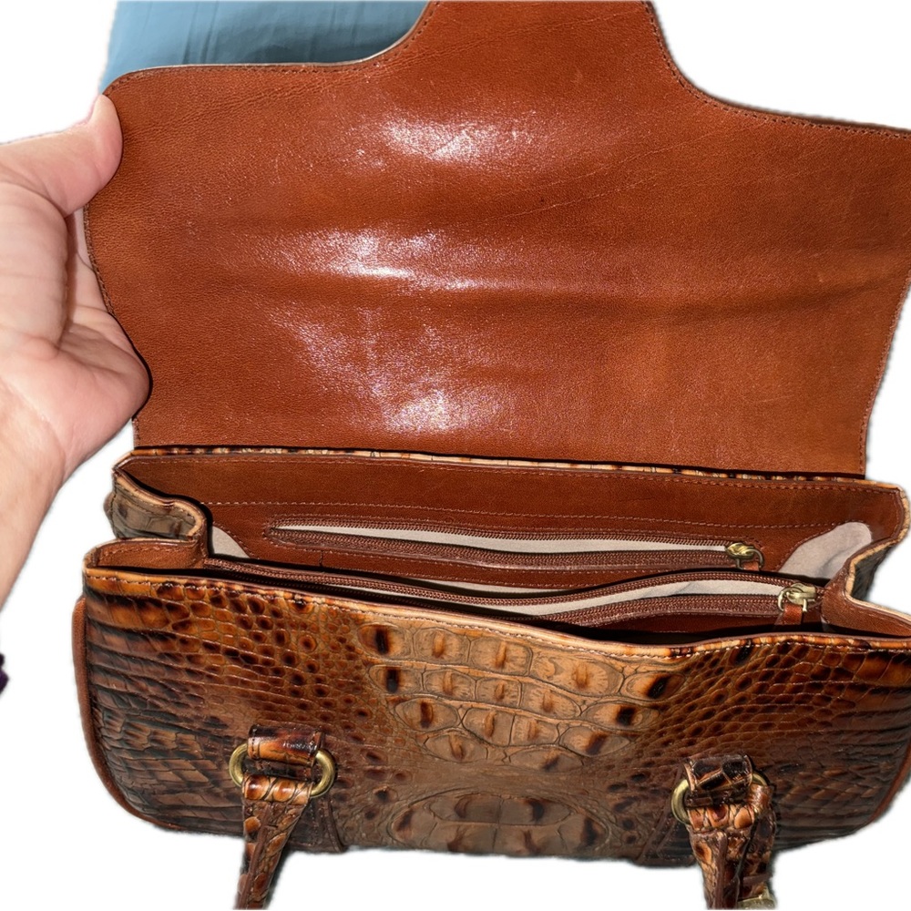Croc-Embossed Leather Satchel Handbag in Cognac - Picture 9 of 11